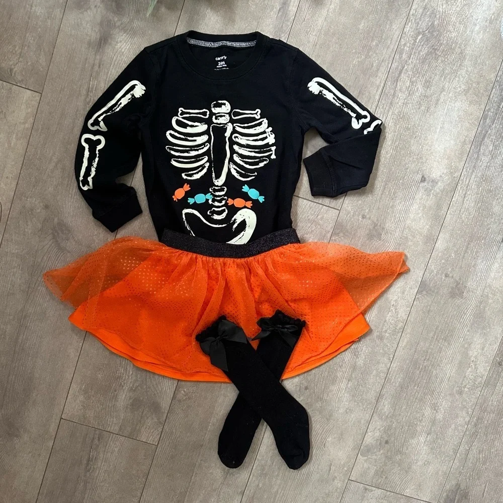 Halloween Glow in the Dark Top, Tutu Skirt, Knee High Socks 3-Piece Outfit Set